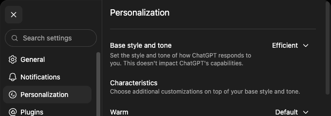 ChatGPT Settings open on Personalization, showing Base style and tone set to Efficient and the Characteristics controls
