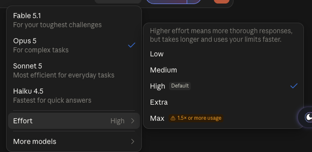 The claude.ai model picker open, showing Fable 5.1, Opus 5, Sonnet 5 and Haiku 4.5, with the Effort submenu open on Low, Medium, High, Extra and Max