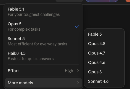 The claude.ai model picker with More models open, showing Fable 5, Opus 4.8, Opus 4.7, Opus 4.6, Opus 3 and Sonnet 4.6